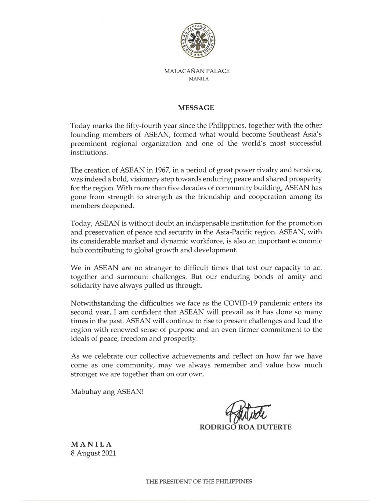 PRRD Message 54th Founding Anniversary of ASEAN OPP